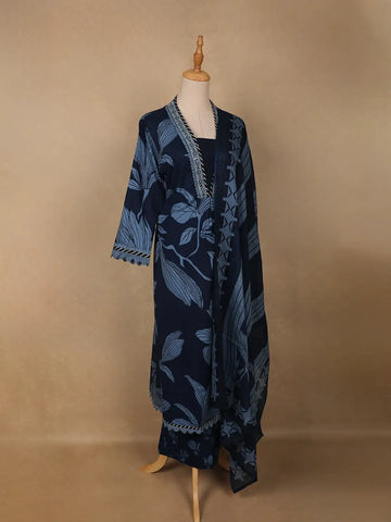 Navy Blue Leaf Print Cotton Straight Cut Salwar Suit - Diadem