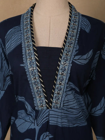 Navy Blue Leaf Print Cotton Straight Cut Salwar Suit - Diadem