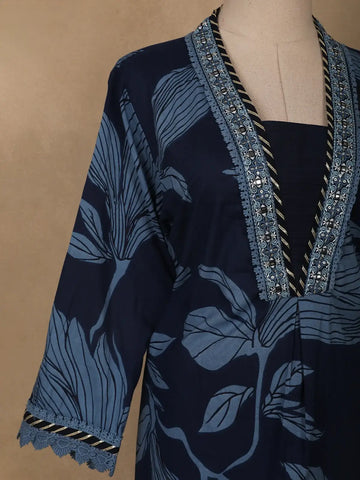 Navy Blue Leaf Print Cotton Straight Cut Salwar Suit - Diadem