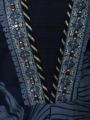 Navy Blue Leaf Print Cotton Straight Cut Salwar Suit - Diadem