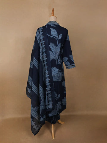Navy Blue Leaf Print Cotton Straight Cut Salwar Suit - Diadem