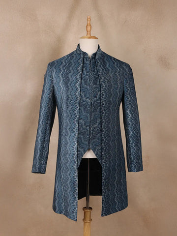 Navy Blue Sequins Embroidery Sherwani Suit - Diadem