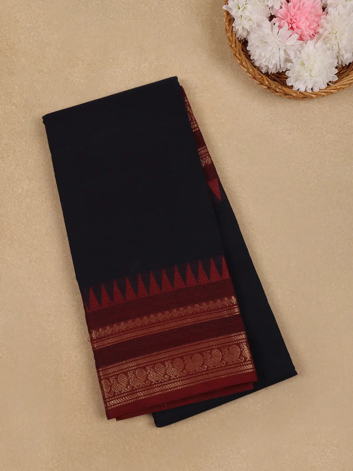 Navy Blue Solid Design Cotton Fancy Saree - Diadem