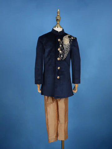 Navy Blue Velvet Peacock Motif Embroidery Sherwani And Pant Set - Diadem
