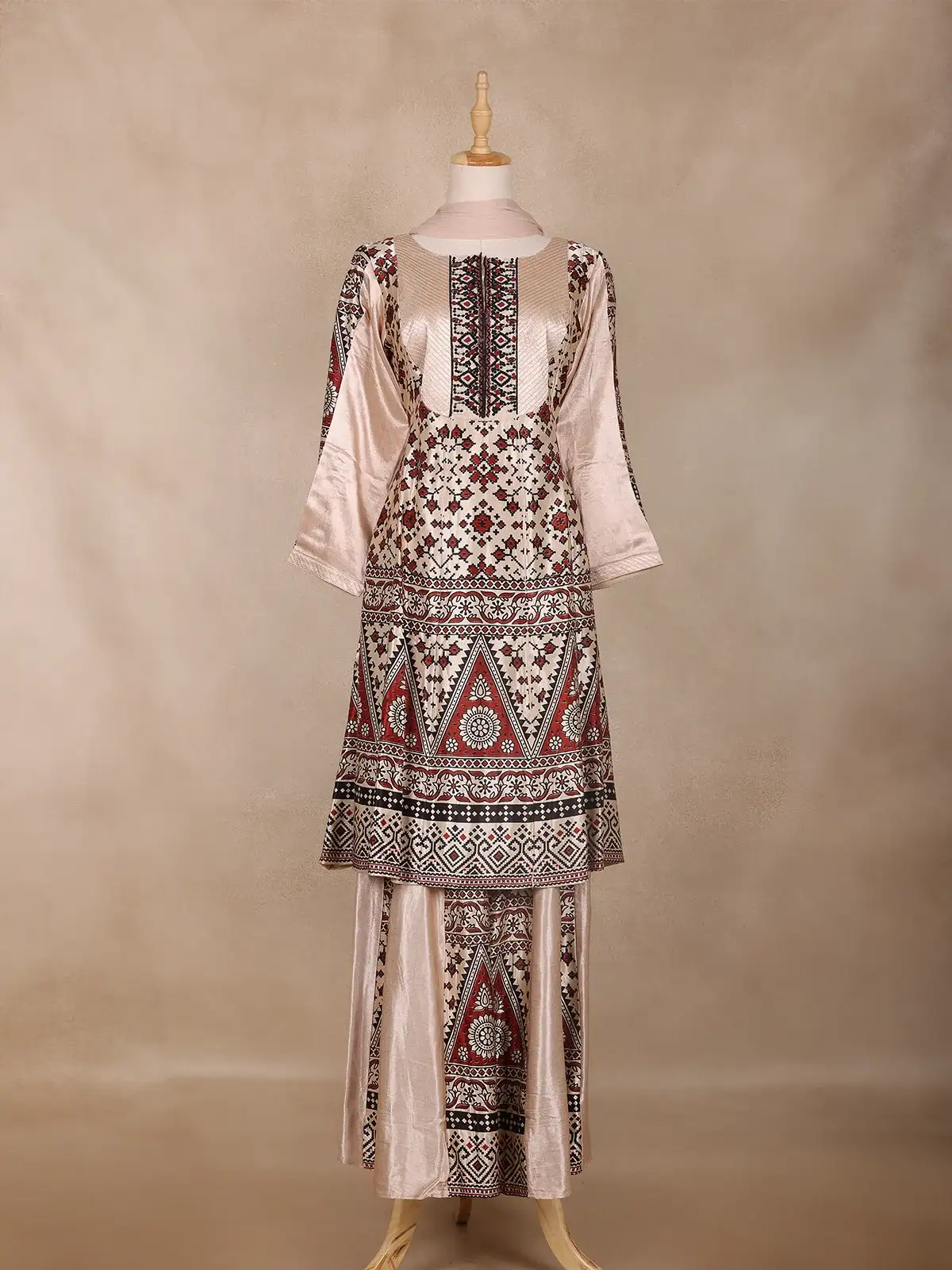 Nude Beige Geometric Design Cotton Palazzo Suit - Diadem