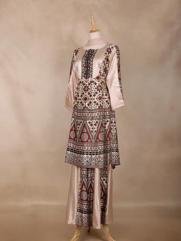 Nude Beige Geometric Design Cotton Palazzo Suit - Diadem