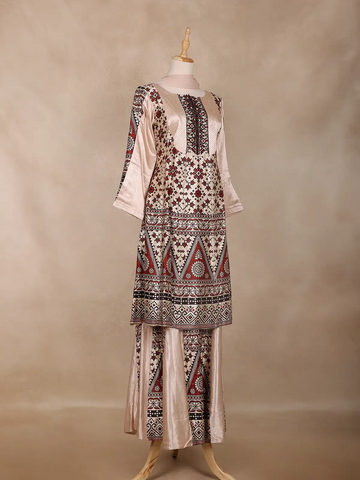 Nude Beige Geometric Design Cotton Palazzo Suit - Diadem