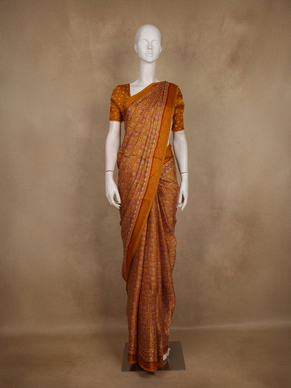 Ochre Ajrakh Print Mul Mul Cotton Saree