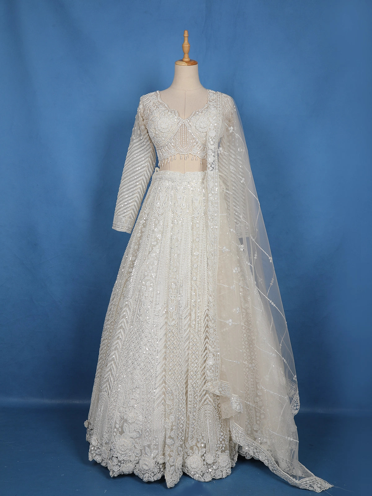 Off-White Heavy Sequins And Beads Embroidered Net Bridal Lehenga Set