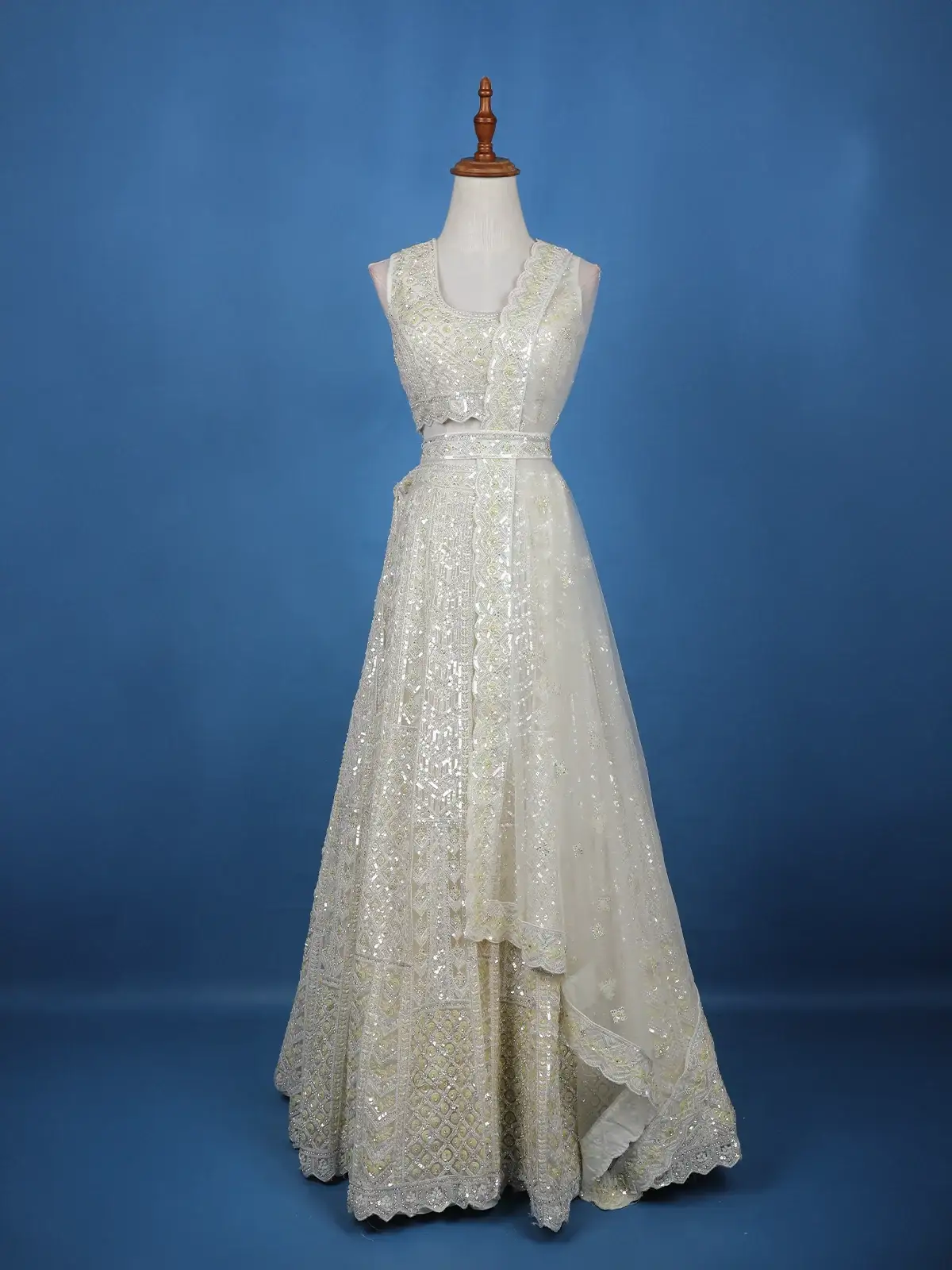 Off-White Net Lehenga Embellished with Floral Sequins and Beads with Dupatta - Diadem