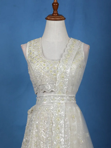 Off-White Net Lehenga Embellished with Floral Sequins and Beads with Dupatta - Diadem