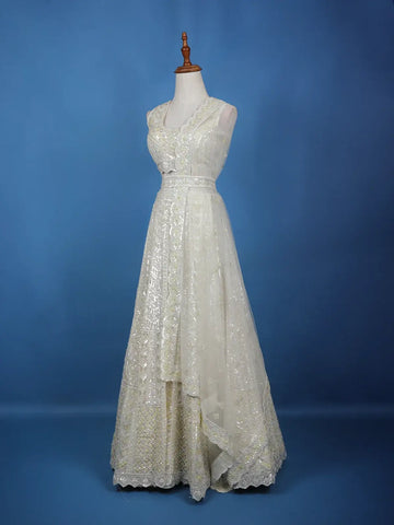 Off-White Net Lehenga Embellished with Floral Sequins and Beads with Dupatta - Diadem