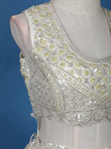 Off-White Net Lehenga Embellished with Floral Sequins and Beads with Dupatta - Diadem