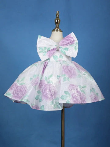 Off-White Rose Print Sleeveless Party Net Frock with Oversized Bow - Diadem