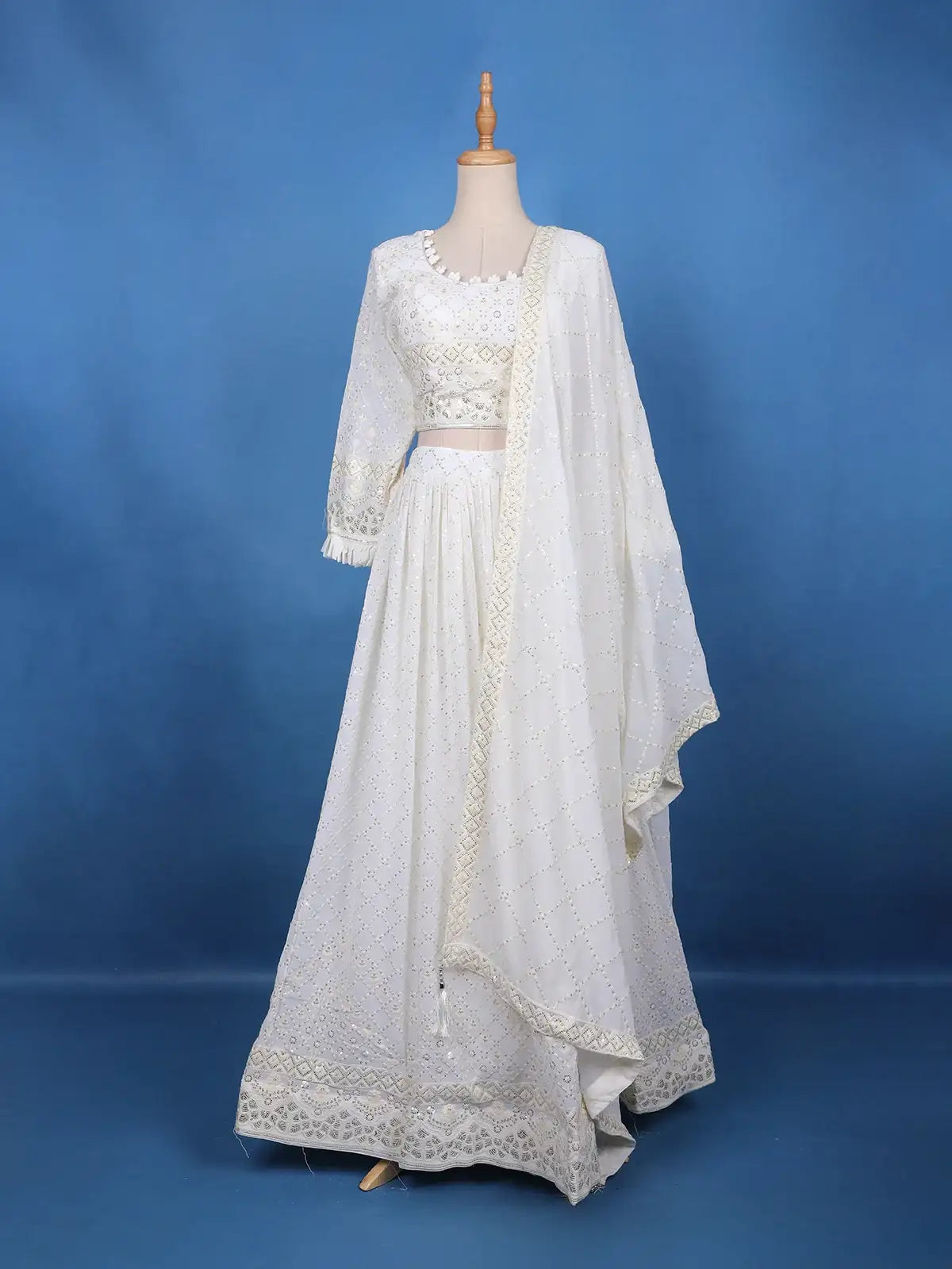 Off-White Sequins Designed Semi Silk Lehenga - Diadem