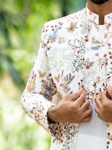 Off White Floral Embroidery Georgette Sherwani And Pant Set - Diadem