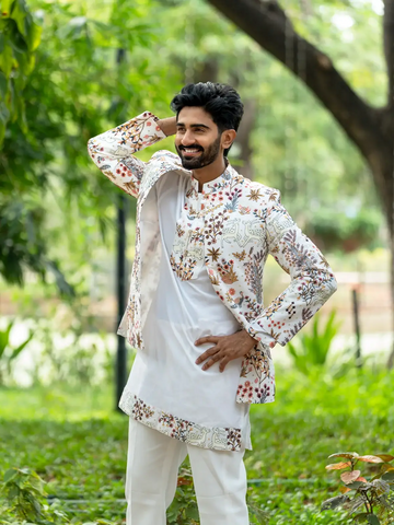 Off White Floral Embroidery Georgette Sherwani And Pant Set - Diadem