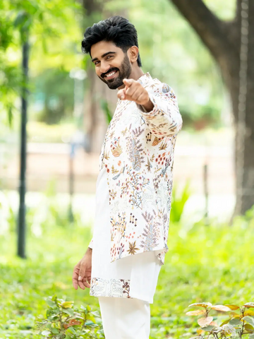 Off White Floral Embroidery Georgette Sherwani And Pant Set - Diadem