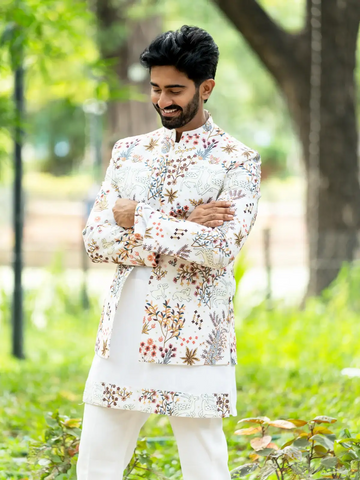 Off White Floral Embroidery Georgette Sherwani And Pant Set - Diadem