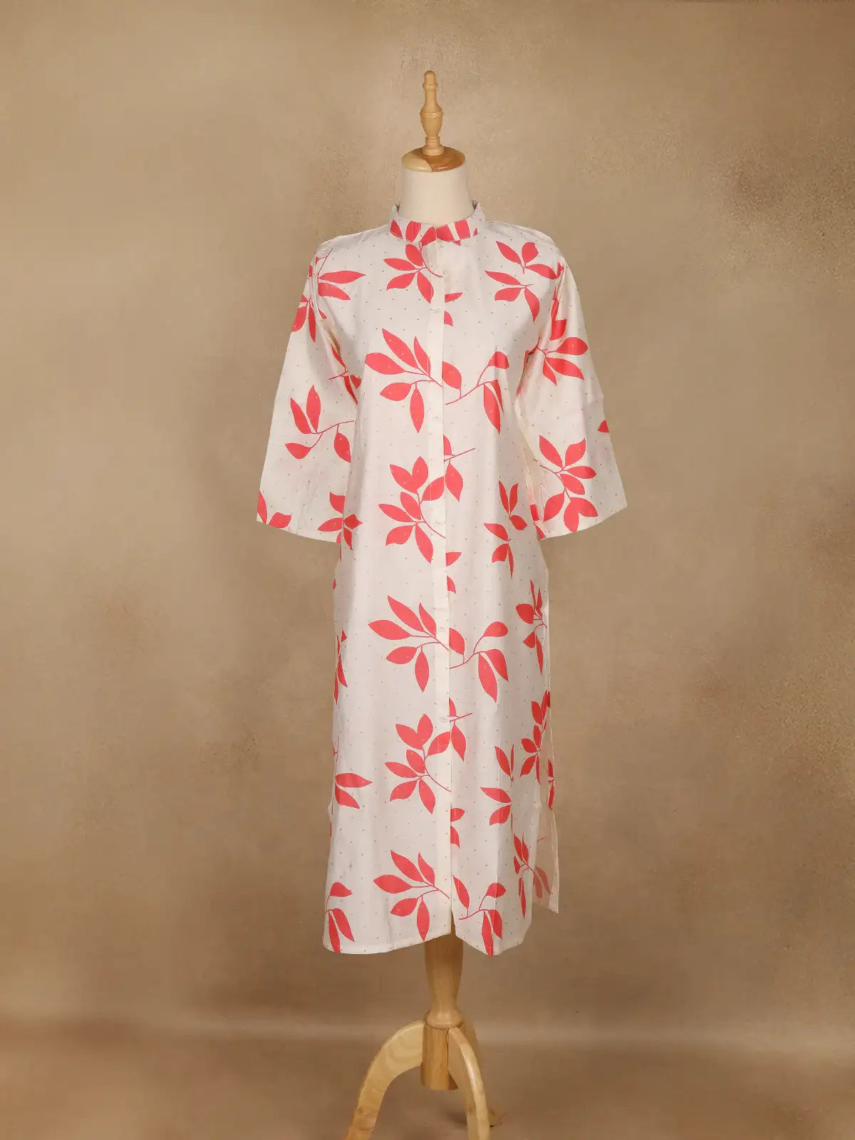 Off White Leaf Design Printed Cotton Kurti - Diadem