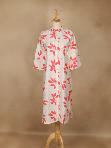 Off White Leaf Design Printed Cotton Kurti - Diadem