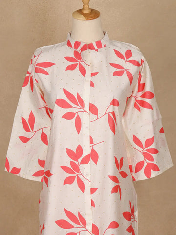 Off White Leaf Design Printed Cotton Kurti - Diadem
