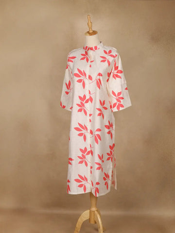 Off White Leaf Design Printed Cotton Kurti - Diadem