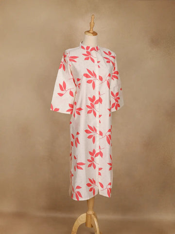Off White Leaf Design Printed Cotton Kurti - Diadem