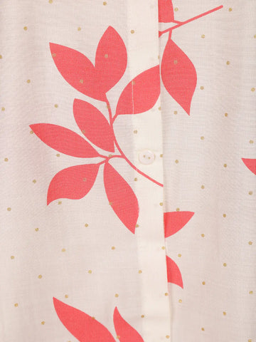 Off White Leaf Design Printed Cotton Kurti - Diadem