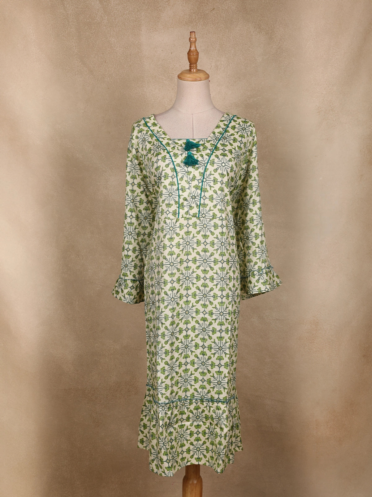 Off White and Green Geometric Floral Printed Cotton Kurti