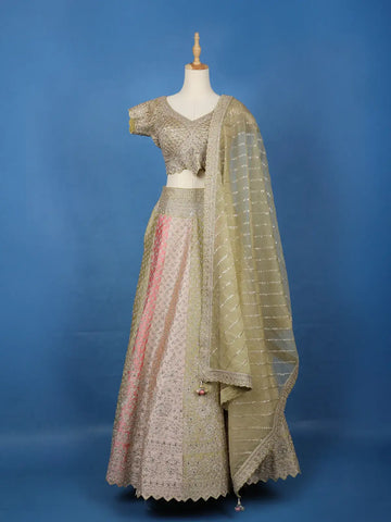 Olive Gold Floral Embroidered Silk Lehenga for Brides - Diadem
