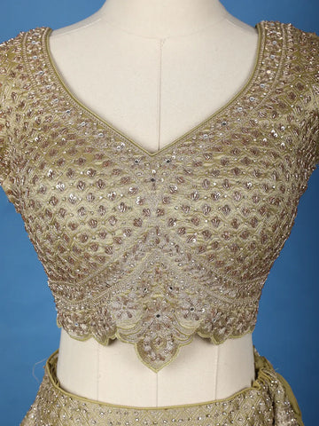 Olive Gold Floral Embroidered Silk Lehenga for Brides - Diadem