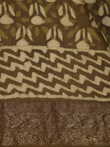 Olive Green Ajrakh Printed Cotton Saree - Diadem