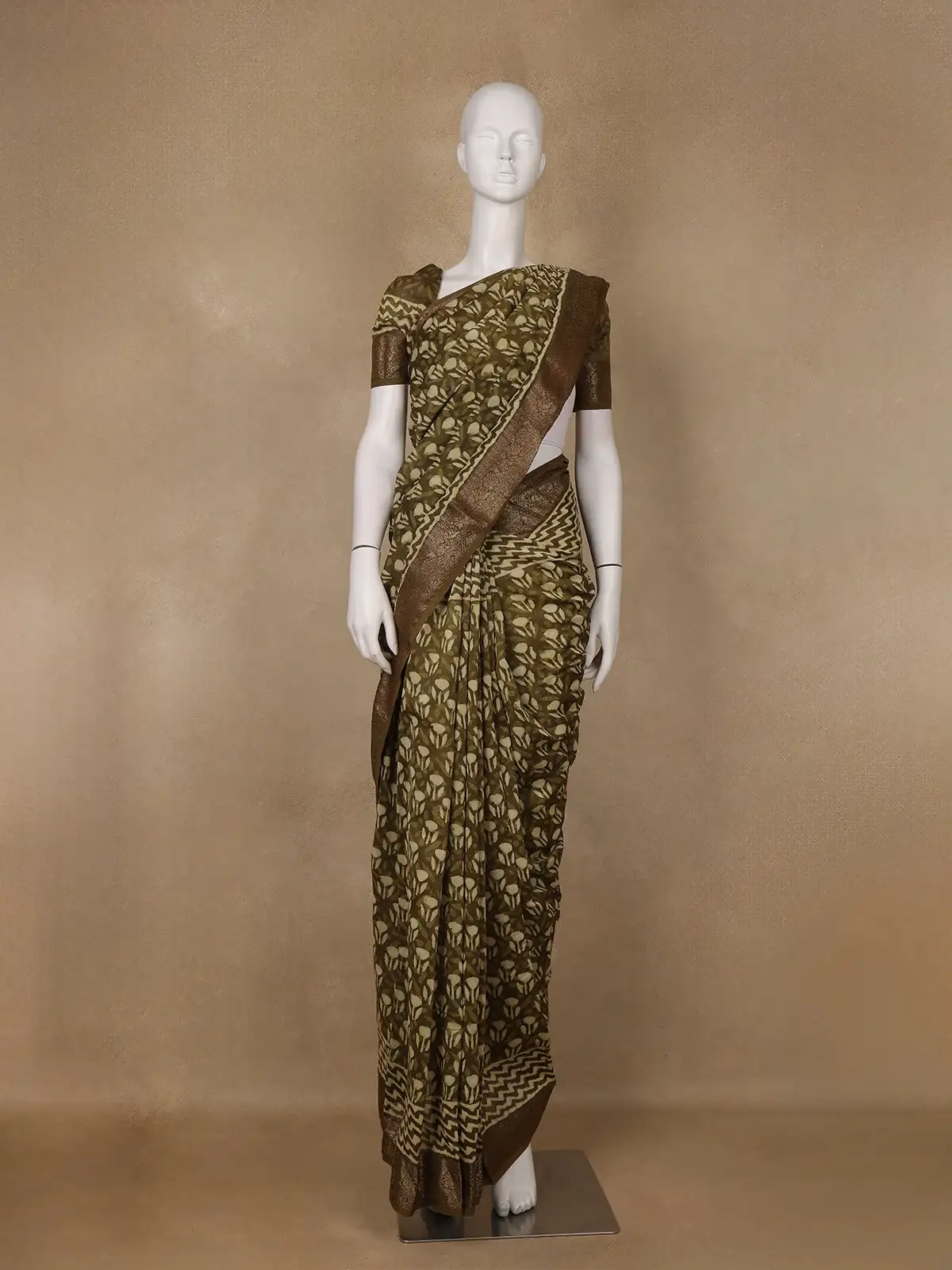 Olive Green Ajrakh Printed Cotton Saree - Diadem