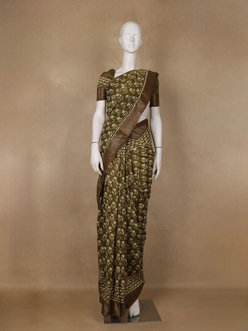 Olive Green Ajrakh Printed Cotton Saree - Diadem