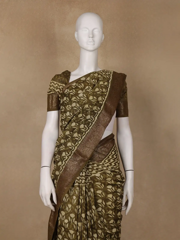 Olive Green Ajrakh Printed Cotton Saree - Diadem