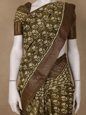 Olive Green Ajrakh Printed Cotton Saree - Diadem