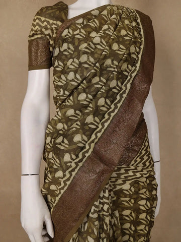 Olive Green Ajrakh Printed Cotton Saree - Diadem