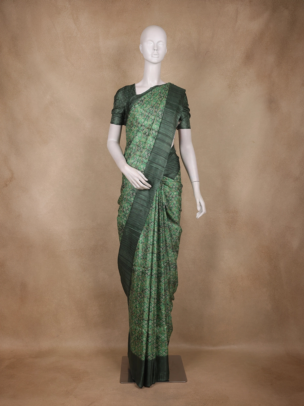 Olive Green Bandhani Printed Tussar Silk Saree
