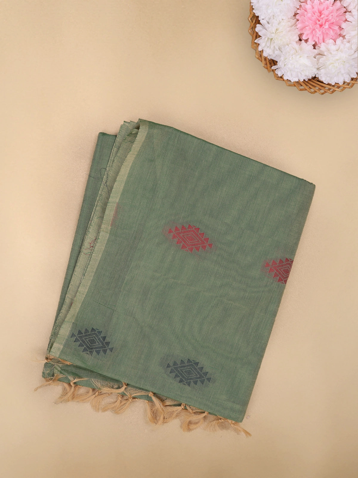 Olive Green Diamond Butta Woven Design Cotton Saree