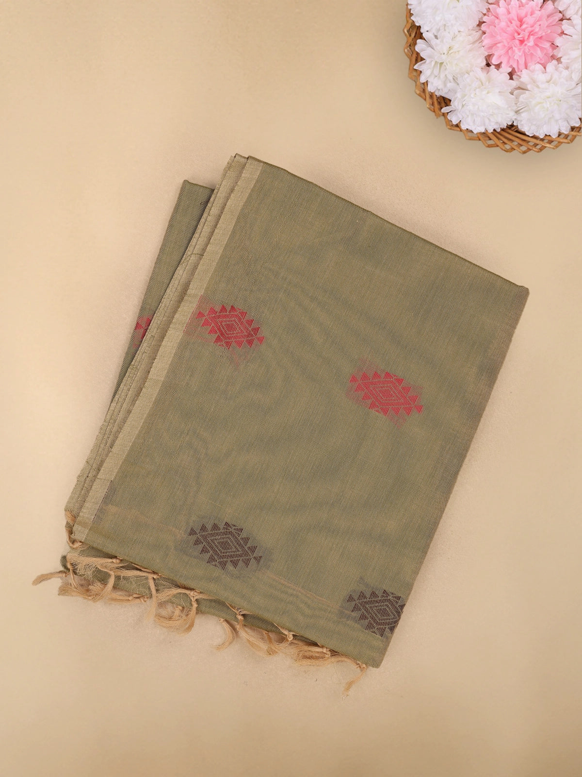 Olive Green Diamond Butta Woven Design Cotton Saree