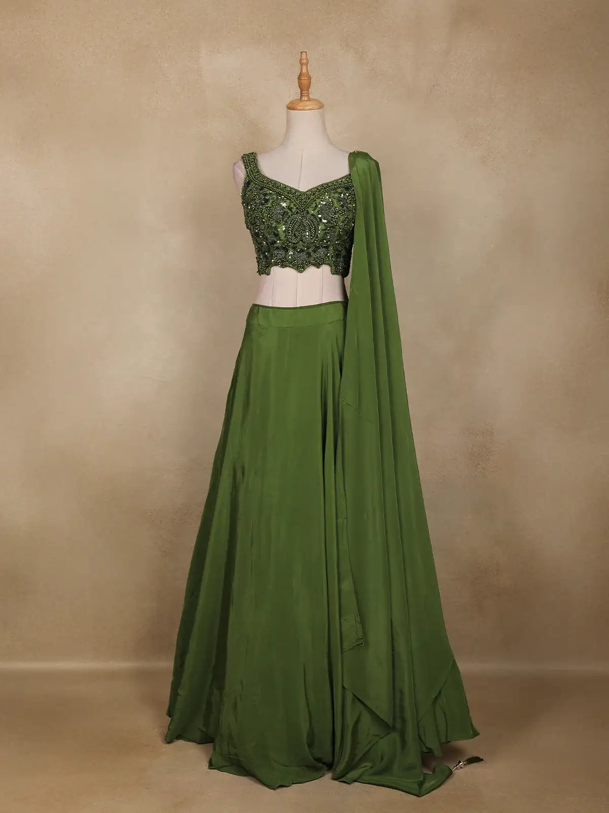 Olive Green Embellished Design Satin Lehenga