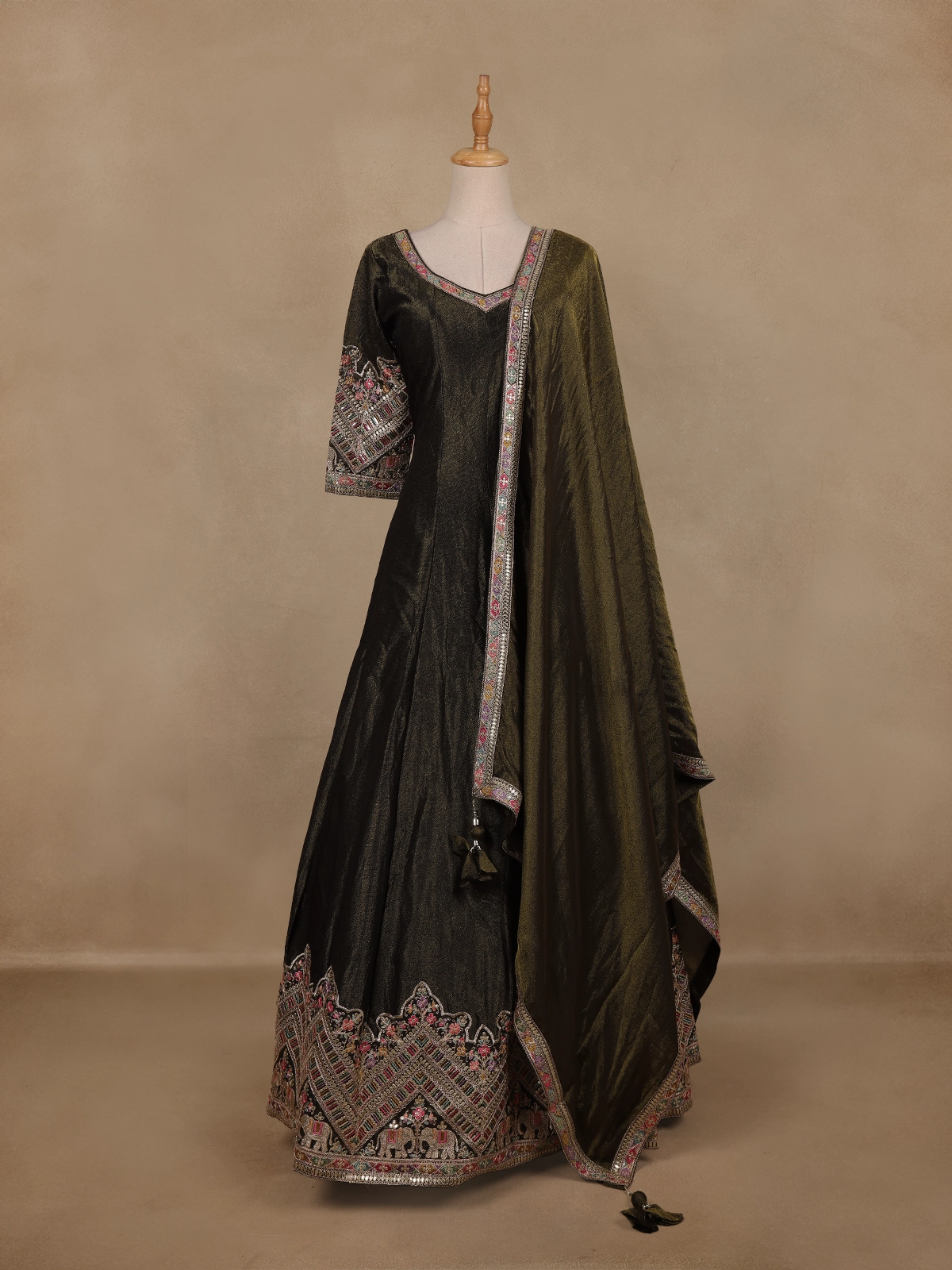 Olive Green Floral And Animal Motif Embroidered Design Georgette Gown