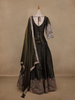 Olive Green Floral And Animal Motif Embroidered Design Georgette Gown