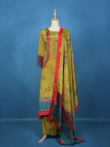 Olive Green Floral Design Crepe Palazzo Salwar Suit - Diadem