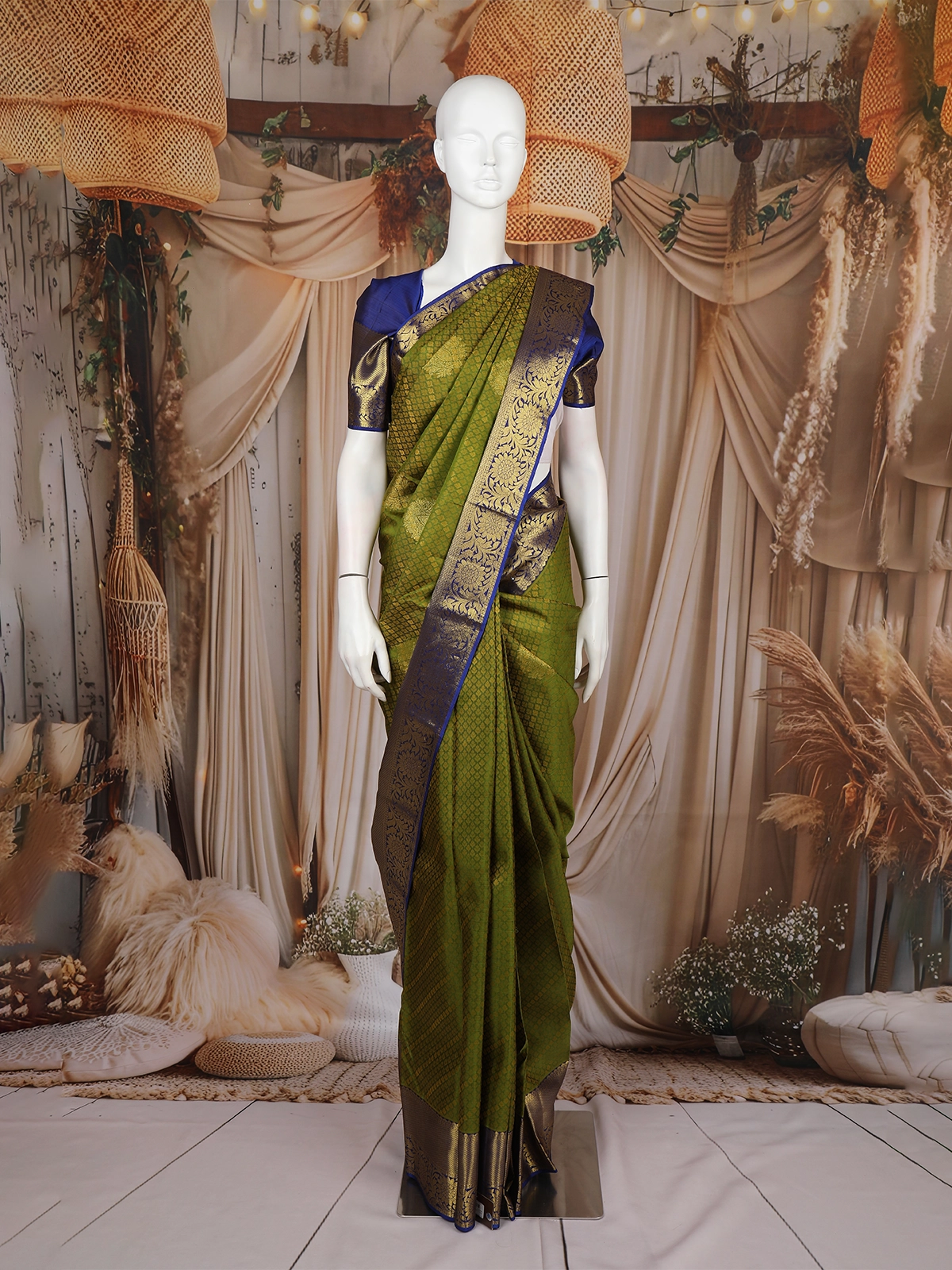 Olive Green Floral Design Pure Kanchipuram Silk Saree
