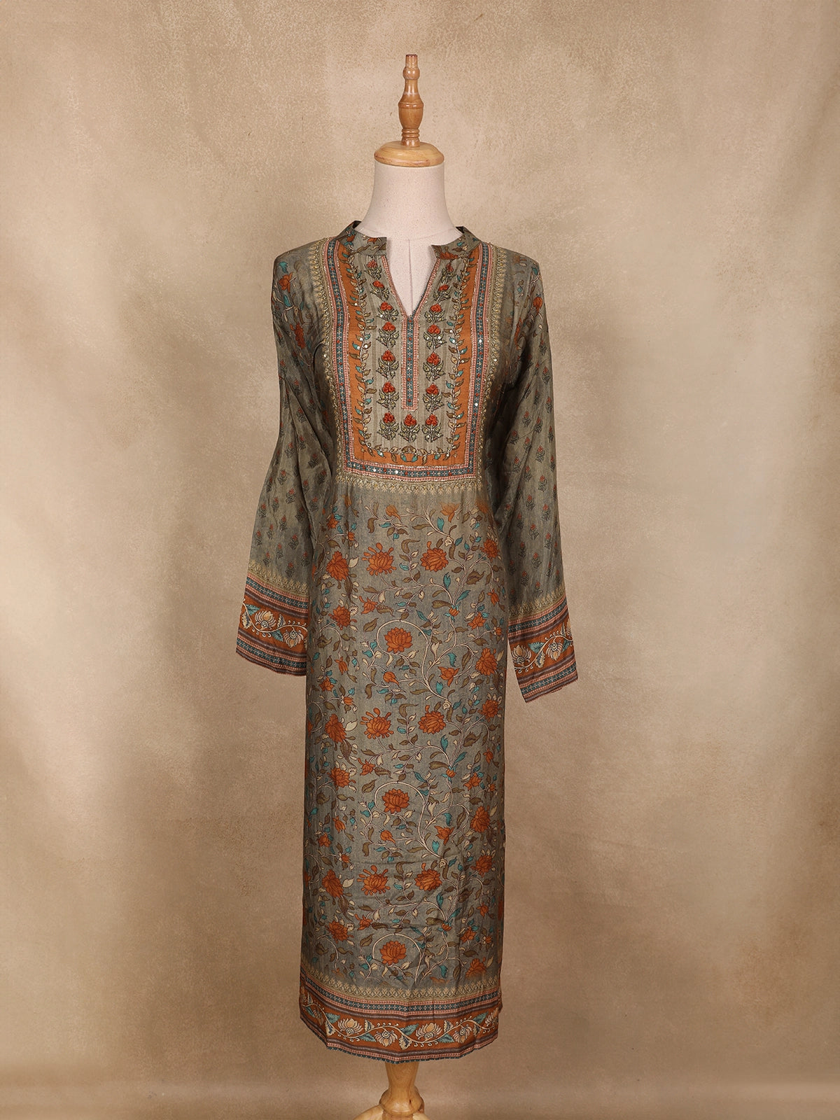 Olive Green Floral Design Rayon Kurti