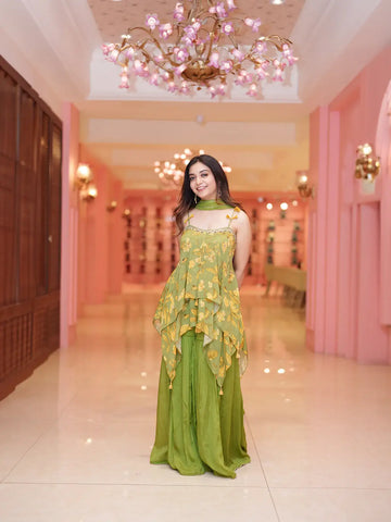 Olive Green Floral Designed Georgette Sharara Set - Diadem