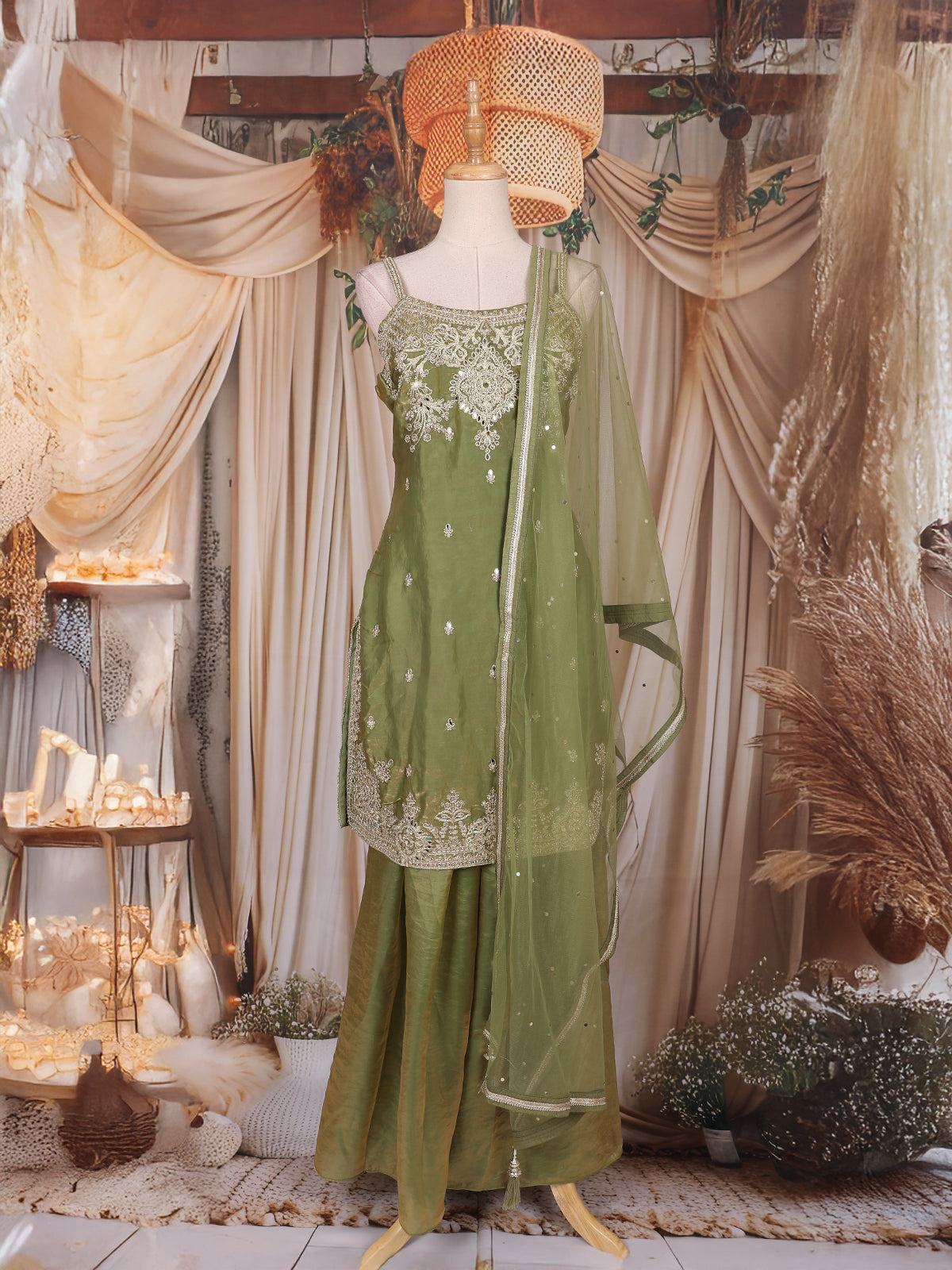 Olive Green Floral Embroidered Design Organza Palazzo Suit with Dupatta
