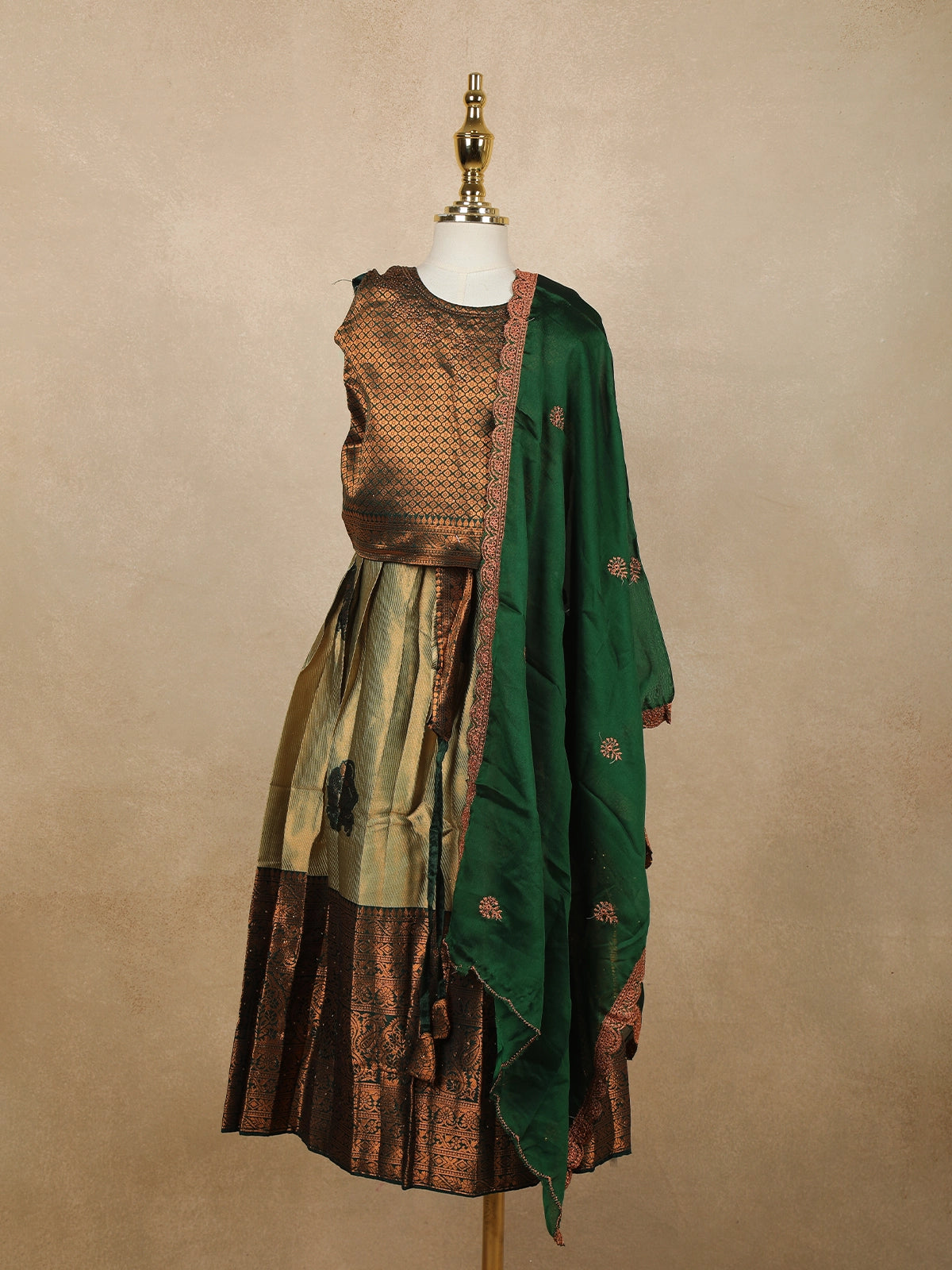 Olive Green Floral Embroidered Raw Silk Pattu Pavadai
